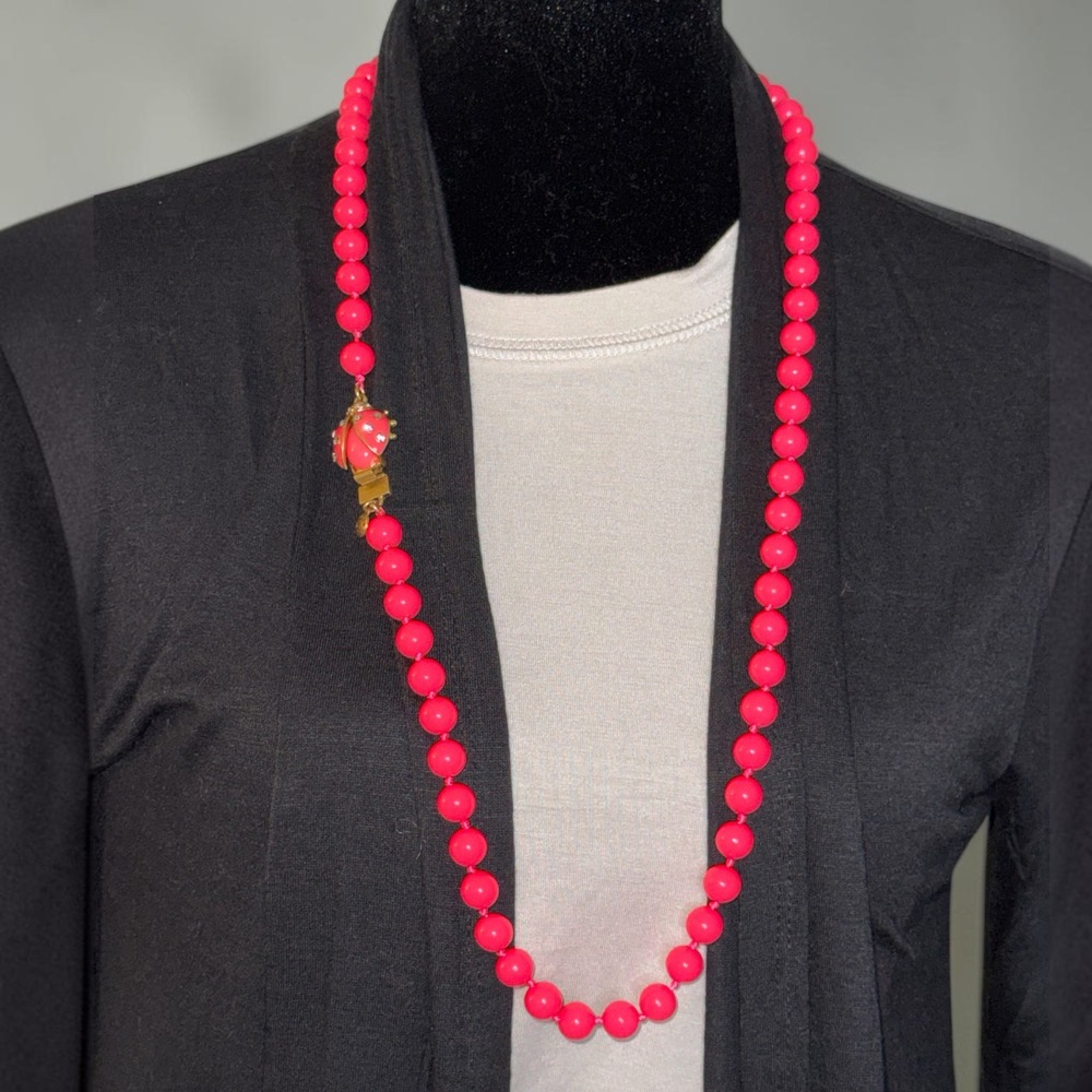 J.Crew Neon Pink Beaded Necklace Ladybug Rhinestone Clasp Hand Knotted Long